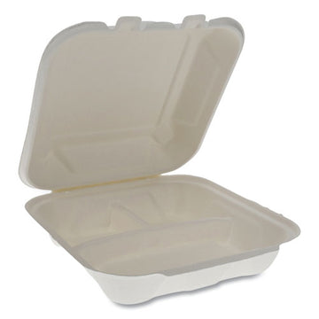 Pactiv Evergreen Earthchoice Bagasse Hinged Lid Container, 3-compartment, Dual Tab Lock, 7.8 X 7.8 X 2.8, Natural, 150-carton freeshipping - TVN Wholesale